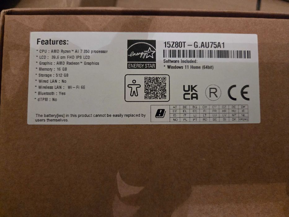 LG Gram 15Z80T, 15.6", NOU, procesor AMD Ryzen AI 7 350, Model 2025