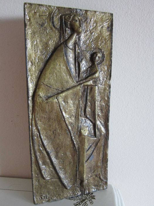 cadou rar Fecioara Maria cu pruncul, bronz E.Huber Austria1988