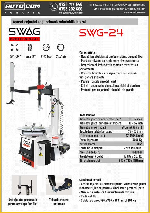 Aparat dejantat SWAG SWG-24, braț ajutător Run-Flat până la 24 Inch