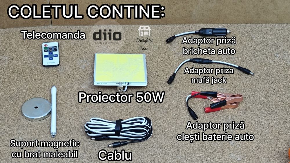 Lampa LED COB 50W 360° cu talpa magnetică de putere, telecomandă cu multiple funcții și full reglabilă