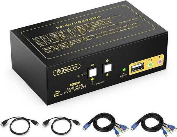 HDMI KVM Switch 2 Port Dual Monitor Display 4K