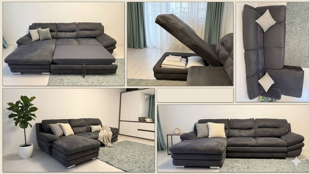 Canapea coltar extensibila gri, cu lada de depozitare