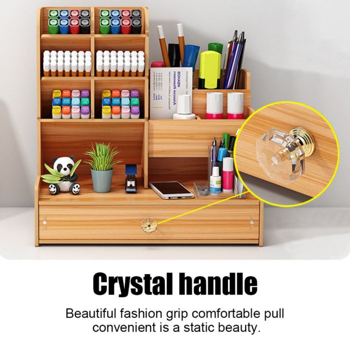 Дървен органайзер за бюро с чекмедже и многосекционно съхранение