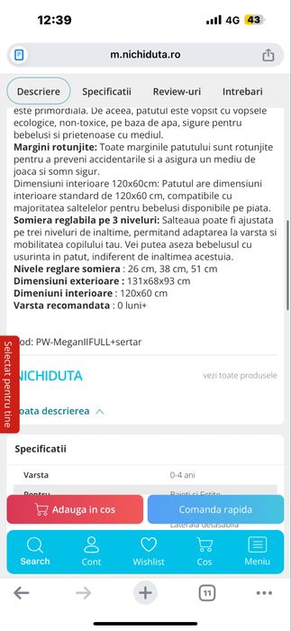 Pătuț +saltea bebe 0-4 ani