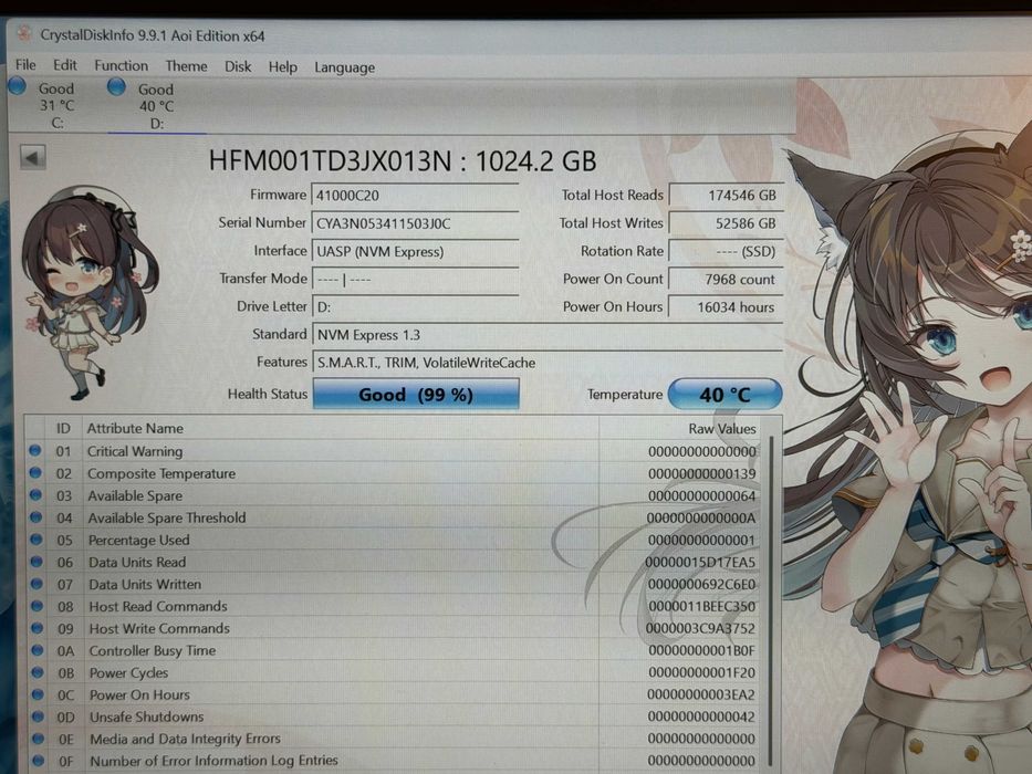 1TB 1000GB SSD NVMe Gen 3x4/99% Здраве/Hynix BC711 Bulk/HFM001TD3JX013N