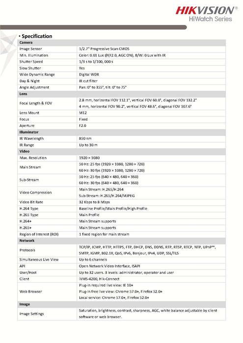 2MPx FULL HD HIkVision HWI-D121H-28C IP PoE Камера IP67 Водоустойчива Под Вода Вандалоустойчива на Удар 20Джаула IK10 H.265+ DWDR -30°C Метален Корпус