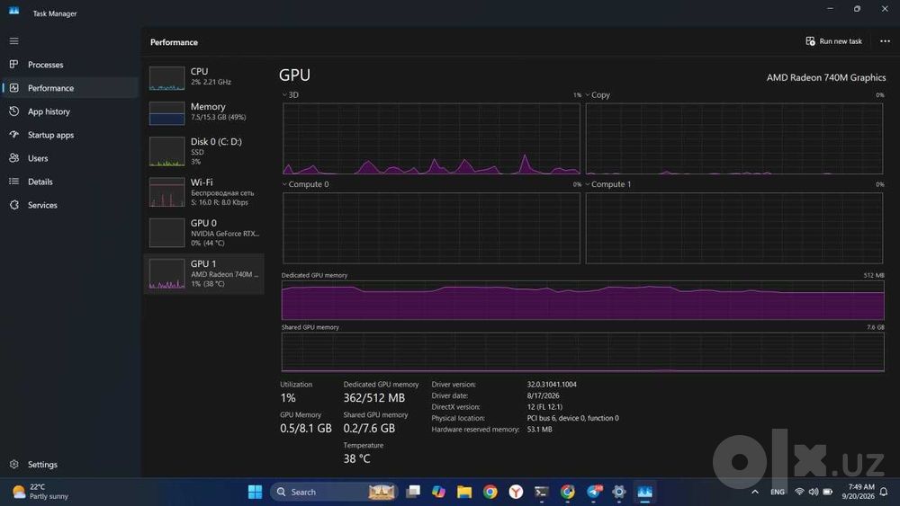 HP Victus Gaming 15 — RTX 4050 / Ryzen 7 / 16GB RAM / Ideal holatda!