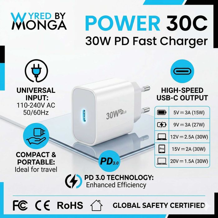 Încărcător rețea Wyred by Monga - Power 30C, USB-C, Fast Charge 30W, PD 3.0