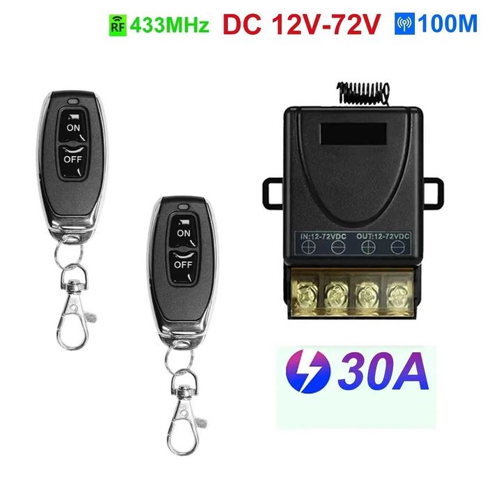 Releu cu Telecomandă 12V–60V 30A – Comutator 12v 24V cu 2 Telecomenzi