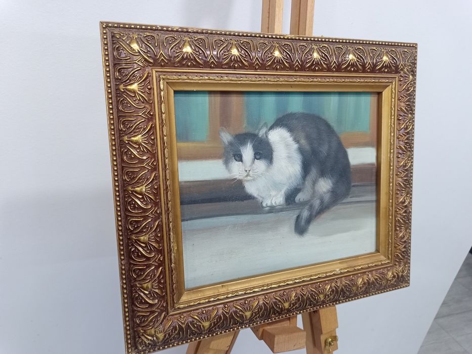 автентична западноевропейска картина с котка 37х32 см