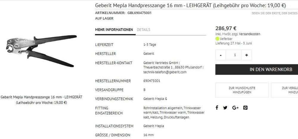 Geberit Mapress 16mm - Ръчна преса за пресоване на фитинги / тръби