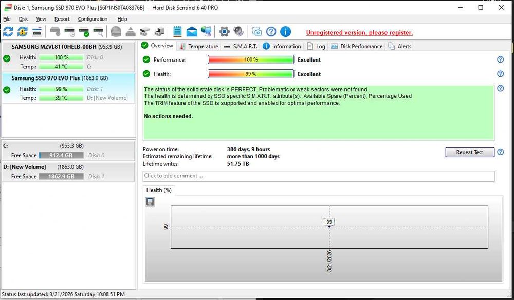 SSD NVMe Samsung 970 EVO Plus 2TB M.2, Health 99%