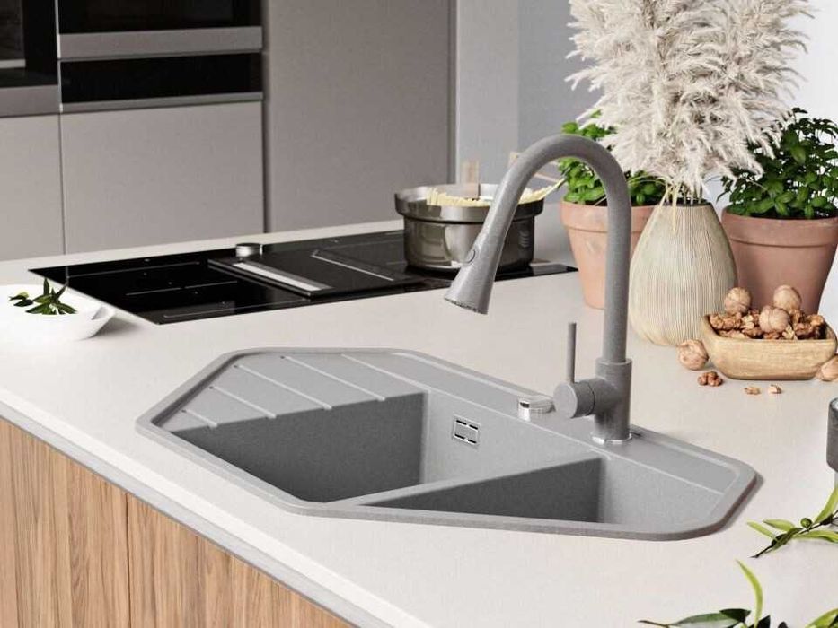 Сива ъглова кухненска гранитна мивка Копенхаген 900 Corner 900x500 мм
