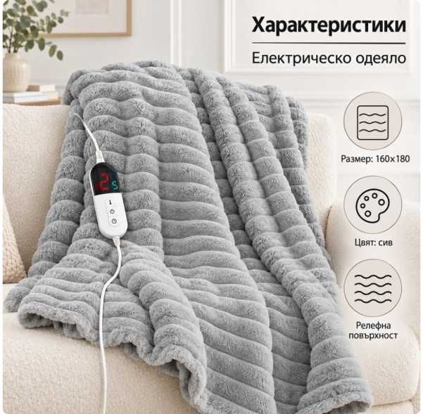 Луксозно сиво електрическо одеяло 160х180 см с релефна текстура и дисплей