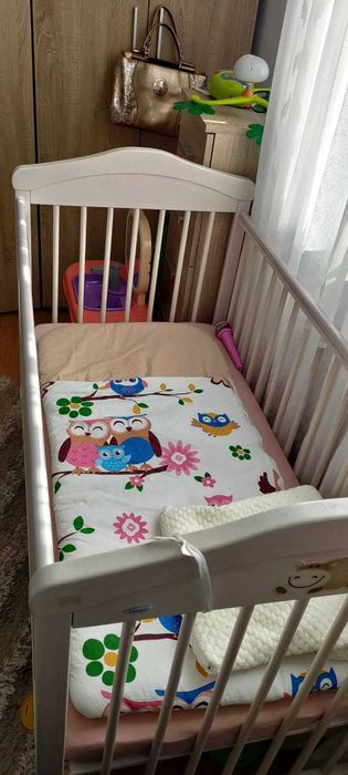 Pătuț bebe, din lemn cu laterala culisanta, Drewex Hippo, Alb