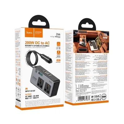 Инвертор за кола 200W 12V Hoco 2 порта max PD66W/1C2A Z66 черно