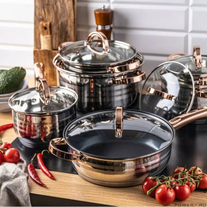 Set 12 piese inox, cu capac din sticla, 5 oale si o tigaie, gri, roze,