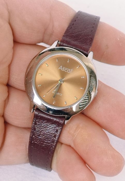 Ceas Ascot de damă cu quartz, carcasă din oțel inoxidabil, curea piele