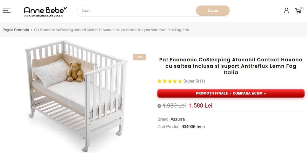 Vand patut cosleeping atasabil Anne Bebe Contact Azzurra lemn fag Italia, saltea inclusa, set protectie 4 piese bumbac si set lenjerie bumbac 3 piese