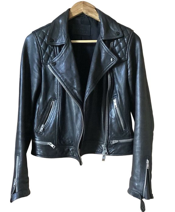 AllSaints Conroy Дамско Кожено яке Aгнешка Кожа Черно Сиво Small UK 8