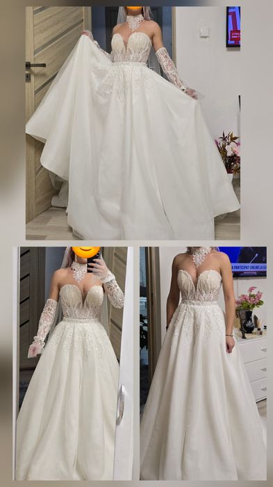 Rochie mireasa  sirena XS / S cu fusta detasabila tip printesa, choker,maneci detasabile, voal