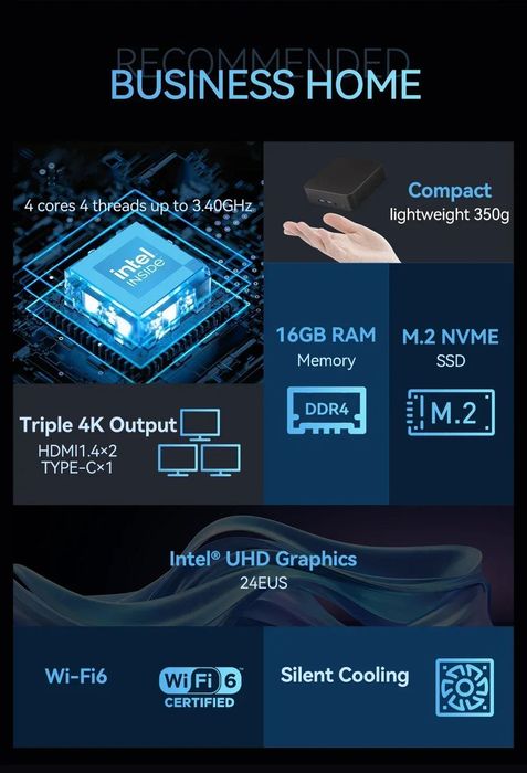 Mini PC Intel N5095 16mb DDR4 - 256Gb SATA 3 M.2 SSD WIN 11 PRO
