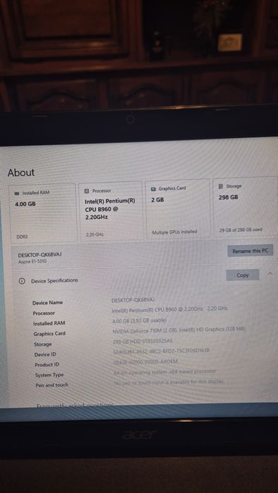 Laptop Acer Aspire E1-531G Windows 10  4gb RAM Nvidia 710M dedicata