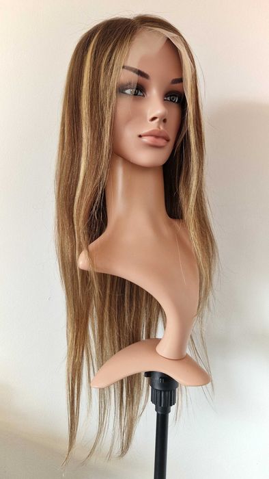 Естествена перука  70–75 см – Lace Front 13x6, кафява с руси кичури