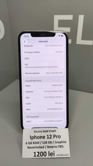 Iphone 12 Pro 128GB Neverlocked/Graphite/Baterie:78% ID1060-AG2