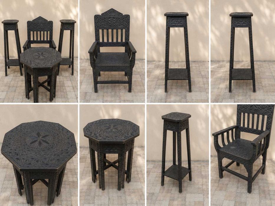 Set mobilier sculptat manual în stil neo-românesc / tradițional românesc