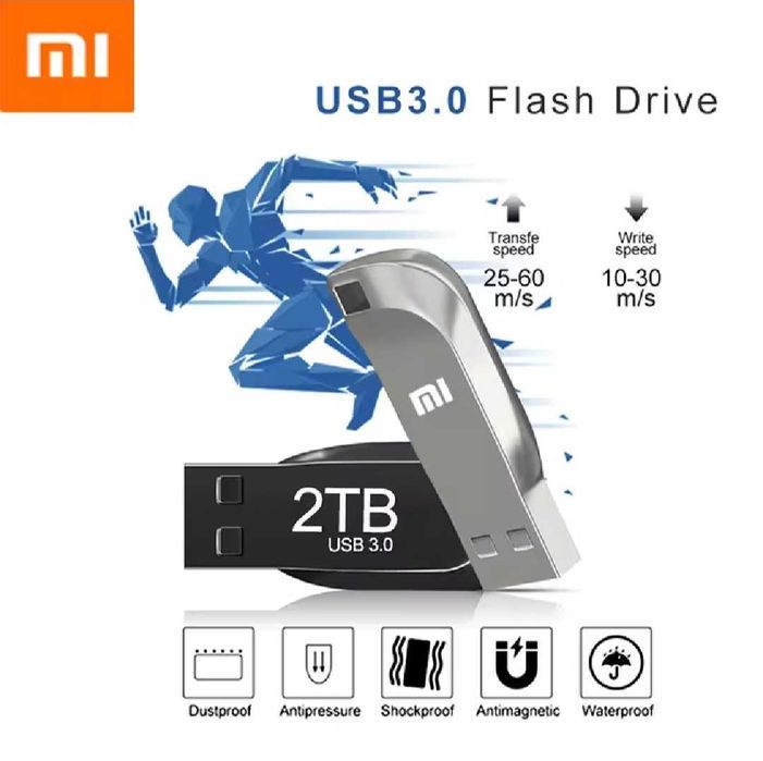 Нов USB памет преносим Xiaomi, 2 TB терабайта, 3.0, блестящо сребристо