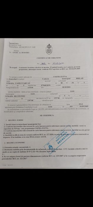 Vanzare teren Pacurari cu Puz Aprobat