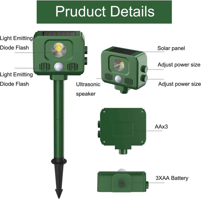 Репелент за животни и птици- соларен - ултразвук и светлина HonGxian