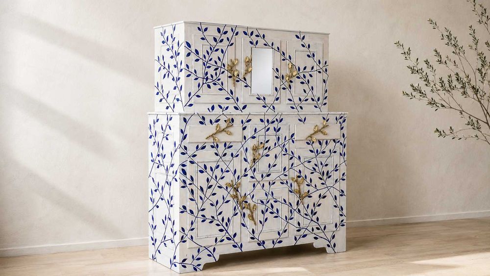 Bufet pictat manual – piesă de artă unicat „323 Blue Leaves”