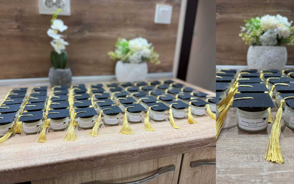 Подаръчета за гости за бал - бурканчета с мед или свещ за абитуриент