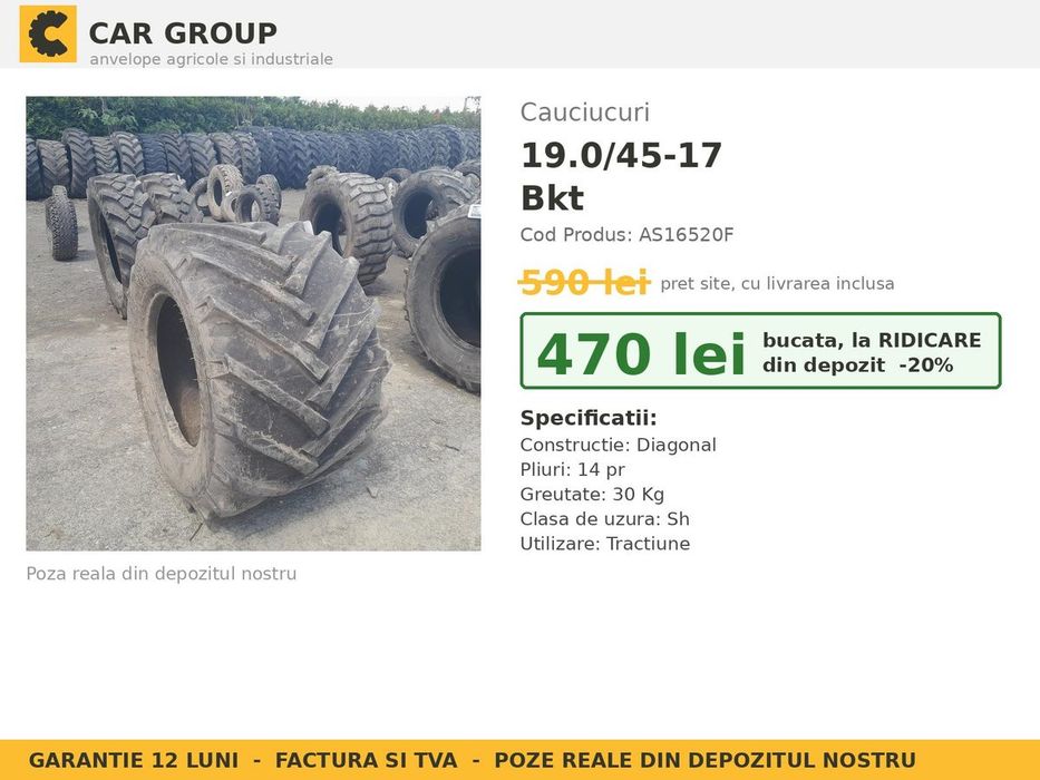 Cauciucuri Anvelope 19.0/45-17 19.0/45 17 1904517 Bkt Remorca si Implement Utilaje Agricole SH Second Hand STOC REAL Garantie 1 An Factura TVA