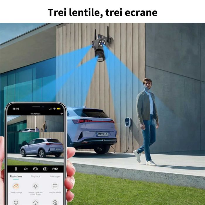 LICHIDARE! Cameră de supraveghere triplă WiFi T31, 9MP, Full HD, zoom 5x + card de memorie 64GB