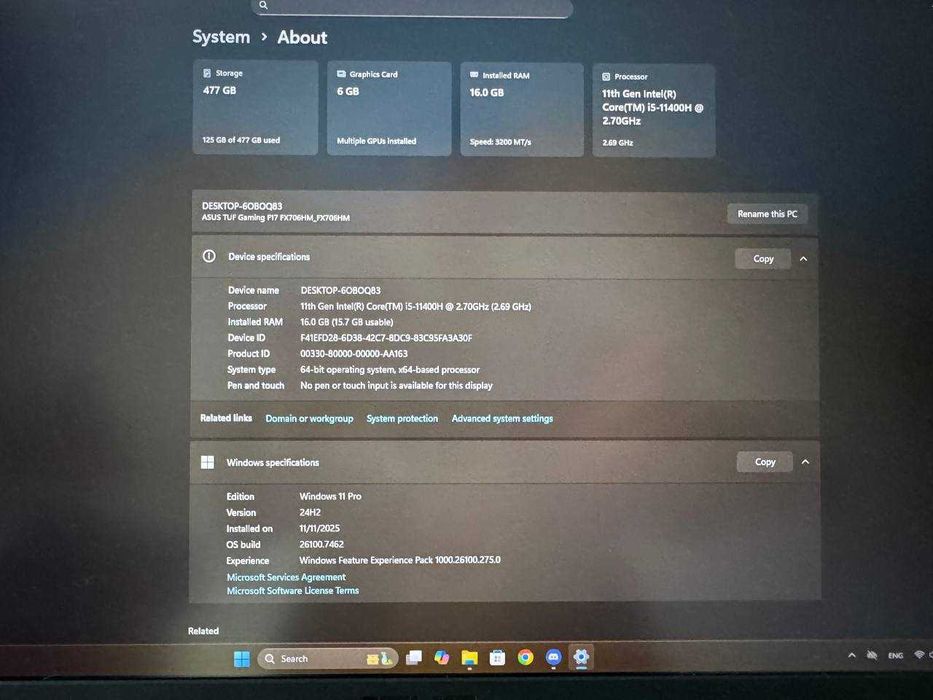ASUS TUF Gaming F17 | i5-11400H | RTX 3060 6GB | 16GB RAM | SSD 512GB
