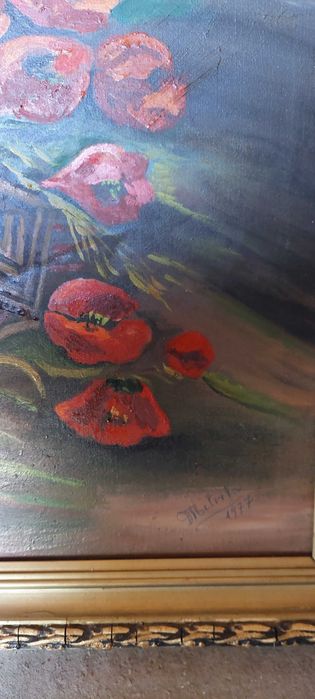 Tablou ulei pe pânză, natură statică cu flori an 1977