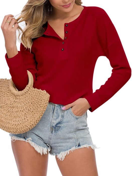 Women's Long Sleeve Waffle Knit Pullover T-Shirt Lightweight Henley*