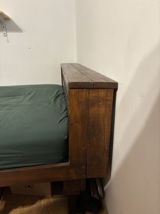 Pat din lemn rustic 120x200 cm cu tăblie + saltea spumă