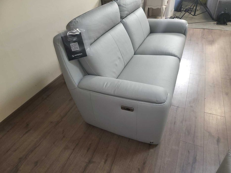 Италиански сив кожен комплект дивани тройка и двойка с ел. релакс