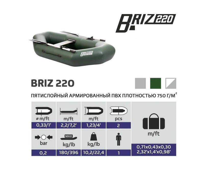 Лодка надувной БРИЗ-220х123 см. мах-180 кг. Доставка бесплатно