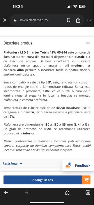 Plafoniera patrata 18 cm