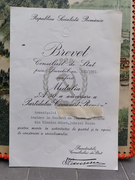 Brevet original RSR 1971 – Medalia „A 50-a aniversare a Partidului Com