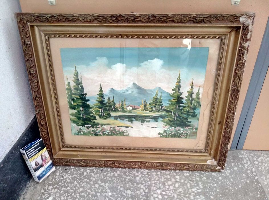 Стара МАСЛЕНА КАРТИНА Море и Планински Пейзаж ТЕМПЕРА - 70те Години БГ