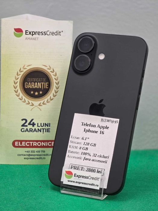 Iphone 16 -- 128 GB -- 100 % [Ag45 Bacau1 B.5387] - Garantie 2 ani