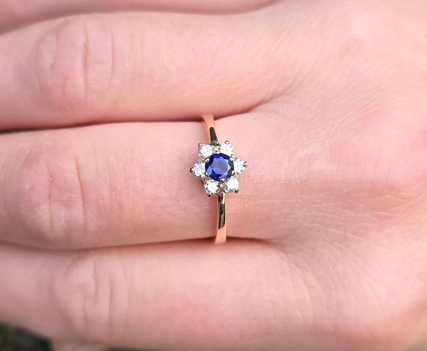 Inel de lodgonă aur galben 14K cu safir și diamante naturale