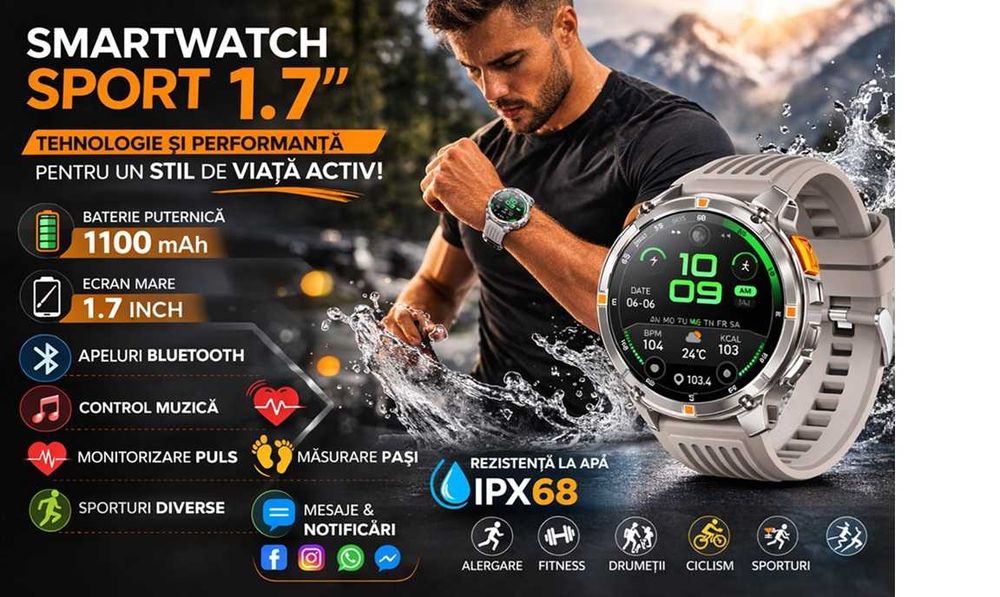 Smartwatch, ecran 1.7 HD, baterie 1100 mAh,autonomie 20-30 zille,IPS68