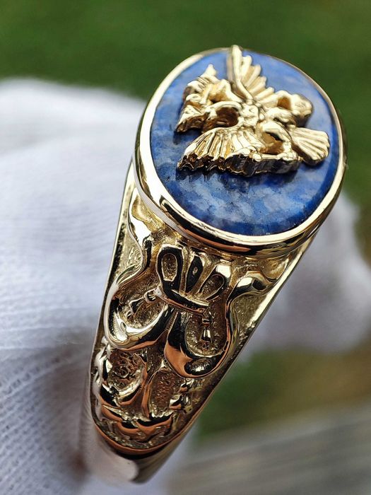 Inel aur Faberge 14k Lapis Lazuli ghiul aur barbatesc diplomat Frankli